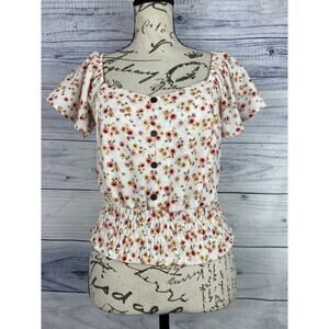 Monteau Floral Crop Top Women Size M Smock Waist Short Flutter Sleeves Scoop